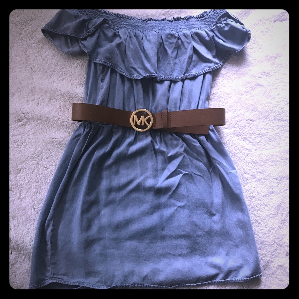 Express off the shoulder dress in chambray blue